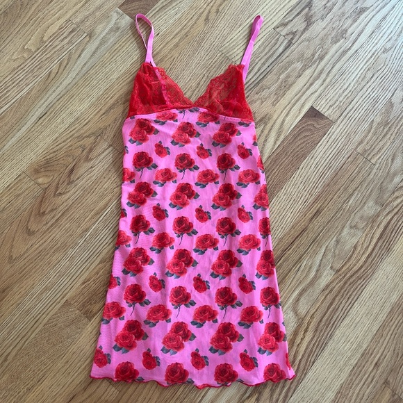 Dolls Kill Other - Pink and red floral mesh nightgown lingerie